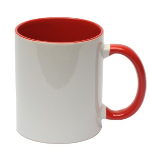 Бяла гланцова чаша с червена дръжка и вътрешност